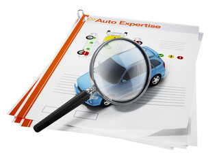 Auto expertise concept. Magnifying glass on the model car with test results isolated on transparent background. 3D illustration