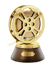 Golden film reel on wooden pedestal isolated on transparent background. Cinema award. 3D illustration