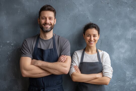 Confident Culinary Duo: A smiling man and woman, both adorned in aprons, exude confidence and professionalism as they pose in front of a textured wall.