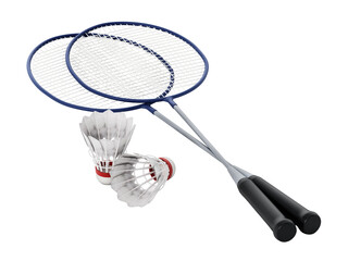 Badminton shuttlecocks and rackets isolated on transparent background. 3D illustration