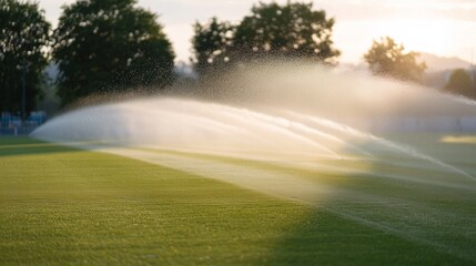 Irrigation system in action on a soccer pitch, spraying water across lush green grass, creating a vibrant scene with sunlight filtering through trees and mist rising from the field