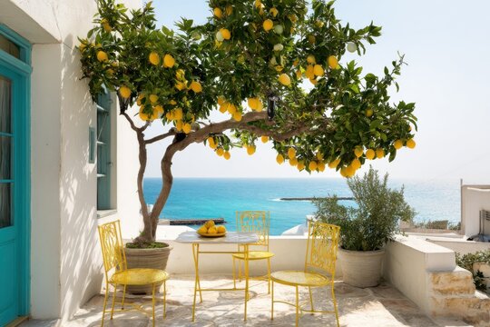 A vibrant set of bright yellow chairs and a table can be found nestled under a lush lemon tree, all while overlooking the sparkling blue sea in a delightful sunny coastal setting