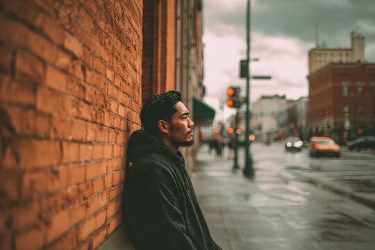 Melancholy Reflection in Urban Passage: A solitary figure, cloaked in contemplation, leans against a weathered brick facade within a bustling cityscape.
