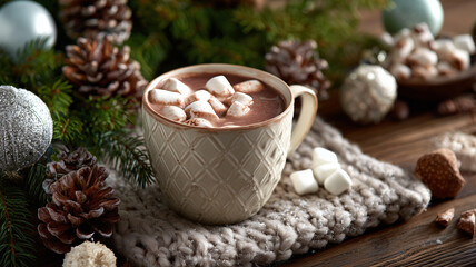 Hot chocolate with marshmallows on a wooden table beside Christmas ornaments and pine branches