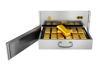 Gold ingots inside private bank deposit box isolated on transparent background. 3D illustration