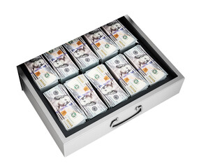 100 dollar bills inside private bank deposit box isolated on transparent background. 3D illustration