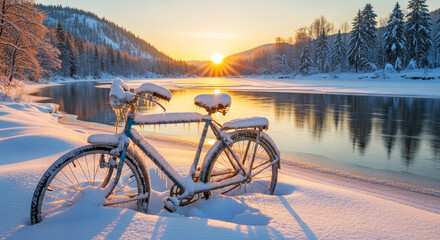 Old bicycle parked in deep snow at riverside during winter sunset
