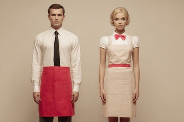 Retro Diner Attire: A classic pair, elegantly attired in vintage aprons, stand poised, epitomizing the timeless charm of retro diner culture. Capturing a blend of nostalgia and simplicity.