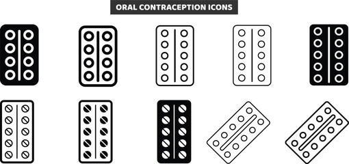 Oral Contraception Icon Set, Birth Control Pill Blister Pack Flat and Outline Vector Collection