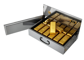 Gold ingots inside private bank deposit box isolated on transparent background. 3D illustration