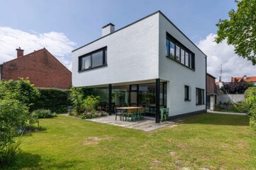 Modern minimalist house with garden and patio in a suburban neighborhood on a sunny day, showcasing clean lines and bright architecture