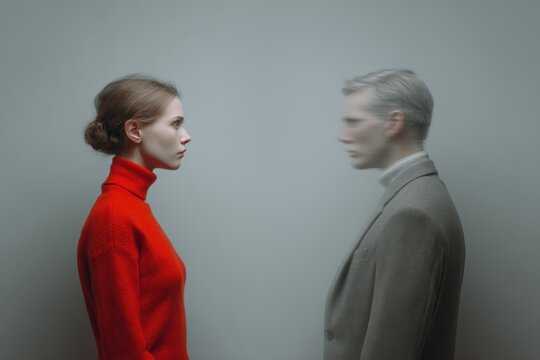 Silent Confrontation: A man and woman stand face to face, locked in an intense standoff against a stark, minimalist backdrop, embodying silent conflict and tense anticipation.