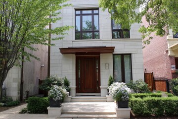 A beautifully designed modern home exterior graces a serene neighborhood, surrounded by vibrant greenery and featuring a welcoming front entrance on a bright, sunny day