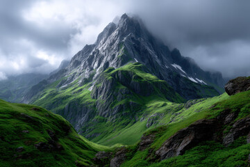 Majestic mountain towering over lush green valleys under cloudy sky
