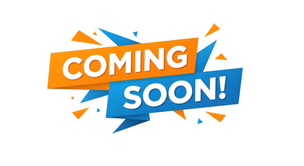 Orange and Blue Banner, with white text saying Coming Soon with abstract shapes, isolated on white or transparent background, PNG