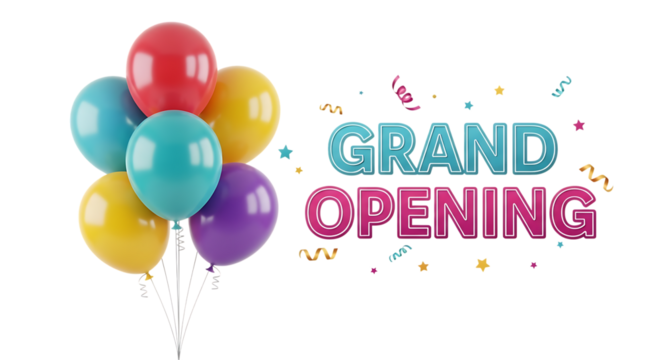 Colorful Balloons and Grand Opening Text, with confetti, isolated on white or transparent background, PNG