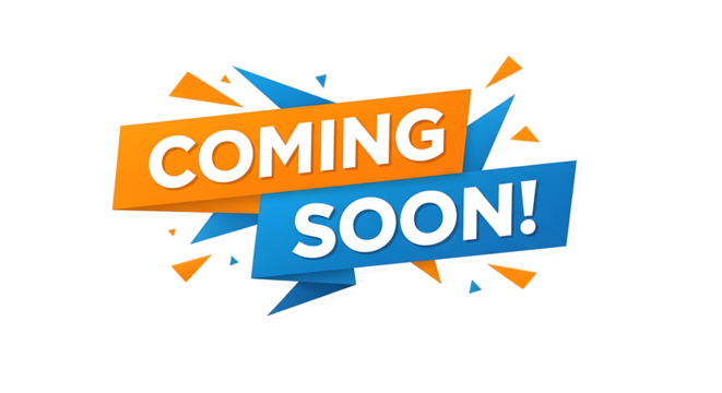 Orange and Blue Banner, with white text saying Coming Soon with abstract shapes, isolated on white or transparent background, PNG