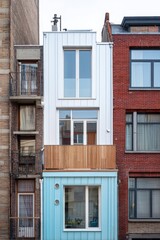Obraz premium Modern architectural design contrasts with traditional buildings in an urban setting showcasing a unique blue facade and wooden balcony in a busy city street