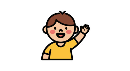 Cartoon drawing of a young boy with brown hair waving his hand in a friendly gesture.