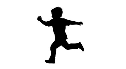 Silhouette of a young boy running with arms outstretched against a white background.