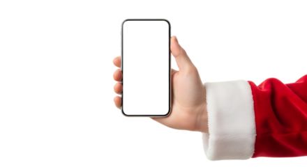 Santa Claus Hand, holding a modern smartphone with a blank white screen, isolated on white or transparent background, PNG