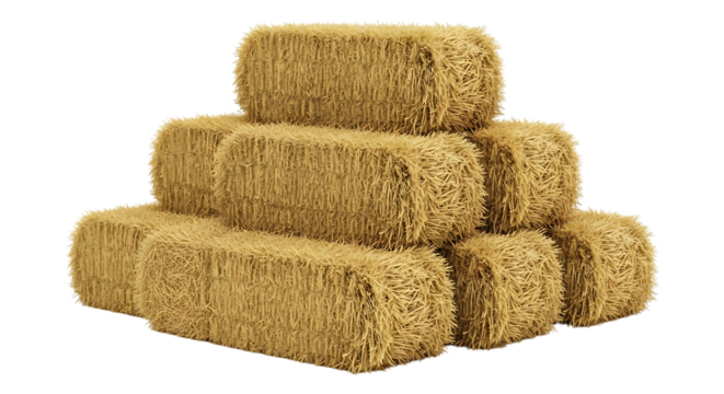 Stack of Rectangular Golden Hay Bales, arranged in a pyramid shape, isolated on white or transparent background, PNG - Powered by Adobe
