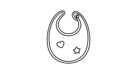 A black and white outline drawing of a baby bib with a heart and star design.