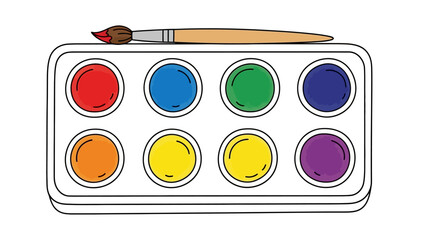 A top-down view of a watercolor paint palette and paintbrush, ready for artistic creation.