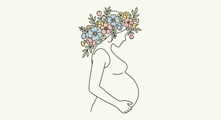Delicate line drawing of a pregnant woman adorned with a floral crown, soft background.