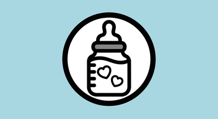 Baby bottle icon with heart details, inside a white circle on a blue background.