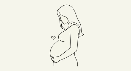 Line art illustration of a pregnant woman holding her belly, with a small heart detail.
