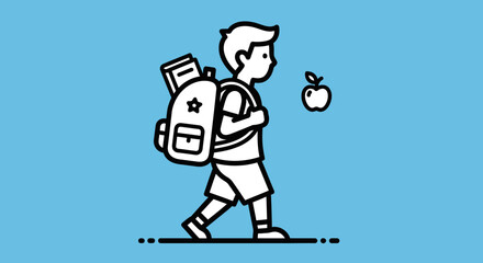 A young boy walks to school carrying a backpack, with an apple floating nearby.