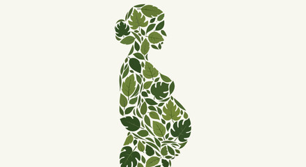 Silhouette of a pregnant woman filled with green leaves, symbolizing nature and new life.