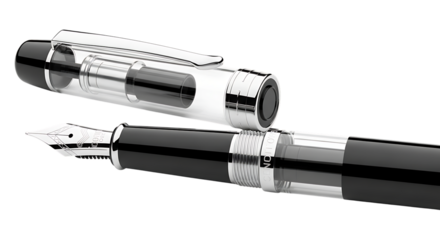 Close Up of a Sleek Black and Clear Fountain Pen, with silver accents, isolated on white or transparent background, PNG