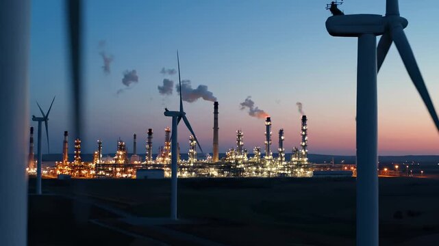 Industrial refinery complex with illuminated towers and processing units stands alongside wind turbines at dusk. Petrochemical facility demonstrates energy transition, combining conventional fossil