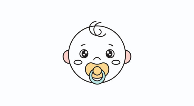 Baby face illustration with pacifier, simple design, isolated on white background.