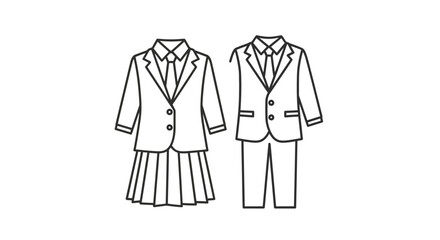Outlined illustration of a girl's and boy's school uniform, showing a blazer, skirt, and trousers.