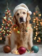 Holiday Golden Retriever: A golden retriever dons a festive Santa hat and holiday lights, exuding warmth and charm against a backdrop of twinkling Christmas trees.