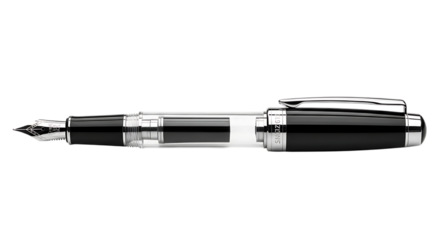 Shiny Black and Transparent Fountain Pen, with silver accents and nib, isolated on white or transparent background, PNG