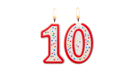 Two Lit Birthday Candles, shaped like the number ten with colorful sprinkles, isolated on white or transparent background, PNG
