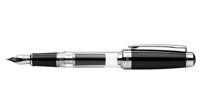 Shiny Black and Transparent Fountain Pen, with silver accents and nib, isolated on white or transparent background, PNG