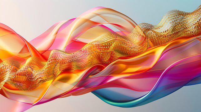 Colorful Abstract Wave Art: Pink, Gold, and Blue Motion (111 Characters)