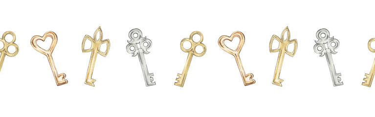 Watercolor seamless border with keys. Hand-drawn illustrations of gold, silver, and copper keys. Vintage style. Horizontal banner for design and embellishment of ribbons, tape, and scrapbooking.