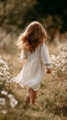 Child's Journey in the Meadow: A young child with flowing hair embarks on an enchanting journey through a sun-kissed meadow filled with wildflowers, symbolizing carefree days and the beauty of youth.
