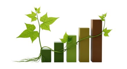 A vibrant green plant climbing up a series of bar graphs in varying shades of green and brown tones isolated on a transparent background