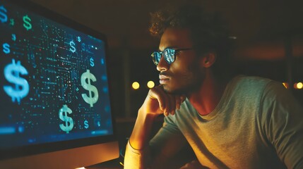 A focused individual analyzes financial data on a monitor screen in a dimly lit setting. Immersed in contemplation