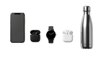 A flat lay of a smartphone, black and white earbuds, a watch, and a metal water bottle isolated on a transparent background