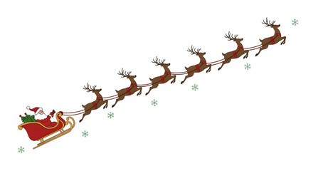 Santa claus riding in his sleigh pulled by reindeer flying through the night sky isolated on transparent background