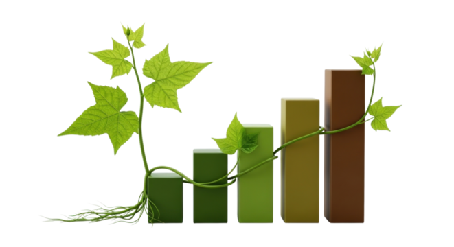 A vibrant green plant climbing up a series of bar graphs in varying shades of green and brown tones isolated on a transparent background