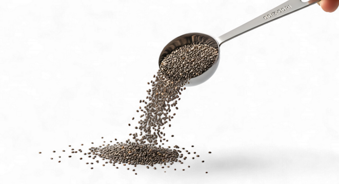 Chia seeds falling from a measuring spoon isolated on transparent background